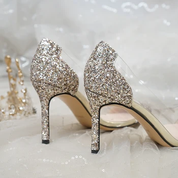 

Wedding Shoes Women's 2020 New Bridal Shoes Gold Sequined High Heels Thin Heeled Can Usually Wear Bridesmaid Wedding Shoes