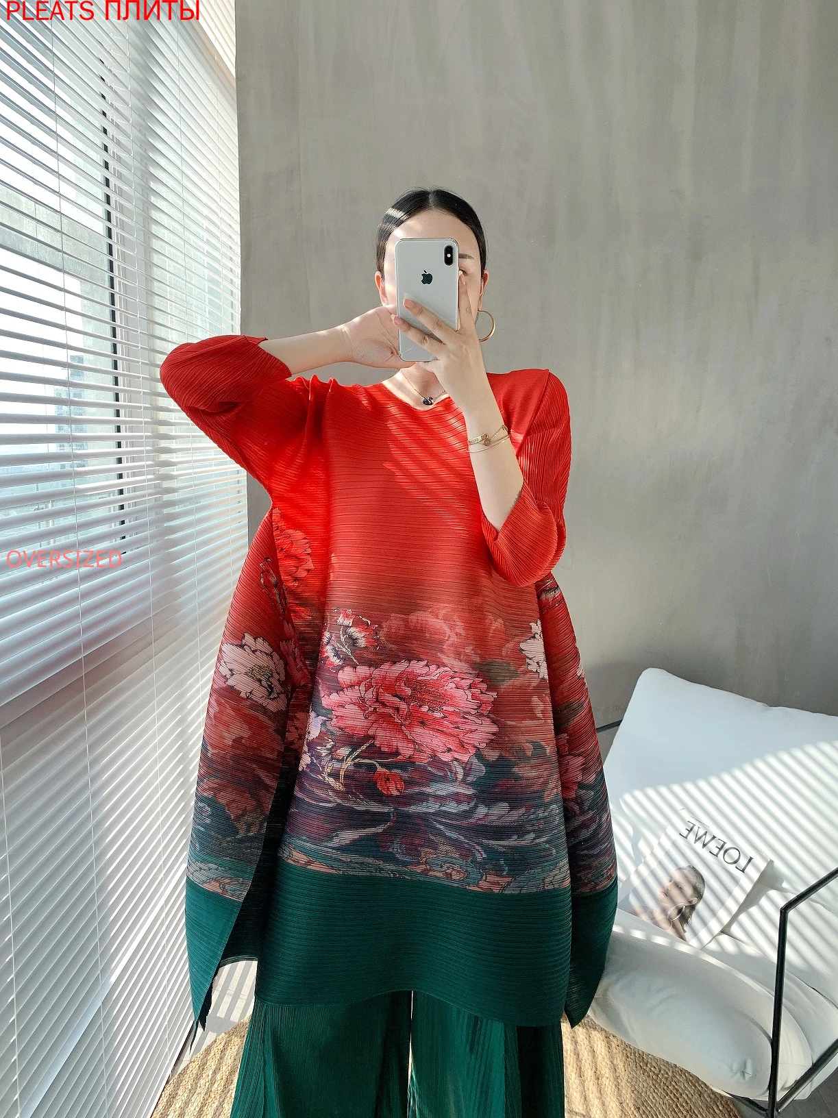 

Japan Miyake Pleated Design Autumn New Women's Printing Stitching Big Peony Broad Too High-end Chinese Style Pleats Vestido