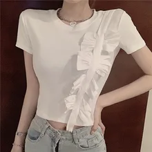

Chic Korean Fashion T Shirt for Women O Neck Short Sleeve Patchwork Bowknot Loose Casual T Shirts Female 2021 Summer Clothing