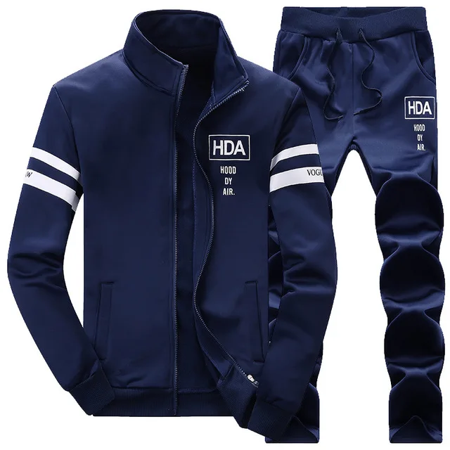 Causal Tracksuits Men Set hooded Thicken Fleece Hoodies+ Sweatpant Winter Spring Sweatshirt Sportswear Male Letter Print - Color: Blue  Tracksuits