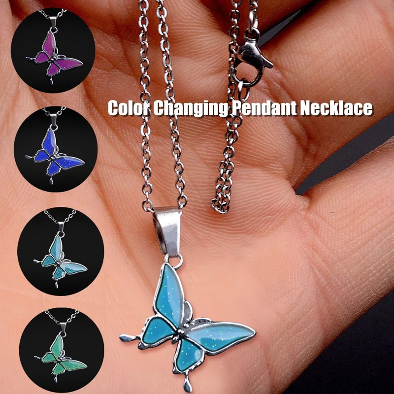 

Temperature Control Color Change Butterfly Pendant Necklace Stainless Steel Chain Necklaces For Women Gift Cheap