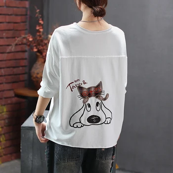 

OUSHANG China Style Cartoon Dog Embroidery Patchwork O-neck Long Sleeve T-shirt Female Casual Loose Tee Tshirts Women Spring
