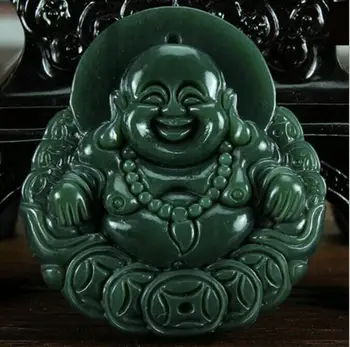 

natural carved Smiling Buddha copper HETIAN jade pendant China QINGYU green necklace pendants