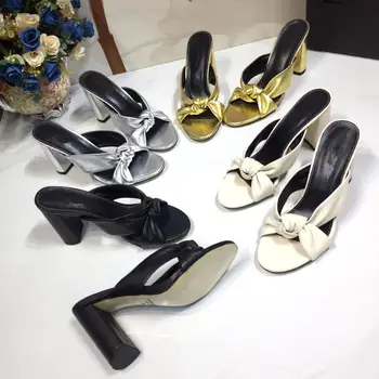 

Bow Woman Slippers Genuine Leather High Heel Fashion Woman Casual Shoes Luxury Designer Ladies Sandals Zapatos De Mujer