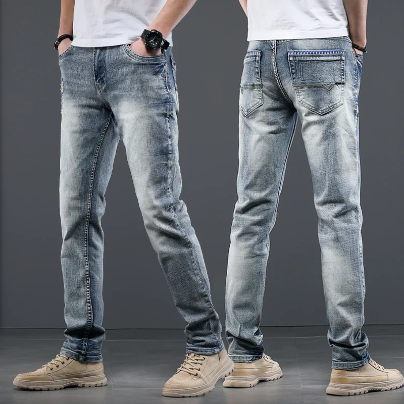 Summer Mens Light Blue Vintage Ripped Jeans Men Cotton Regular Straight Denim Pants Retro Distressed Jean Trousers