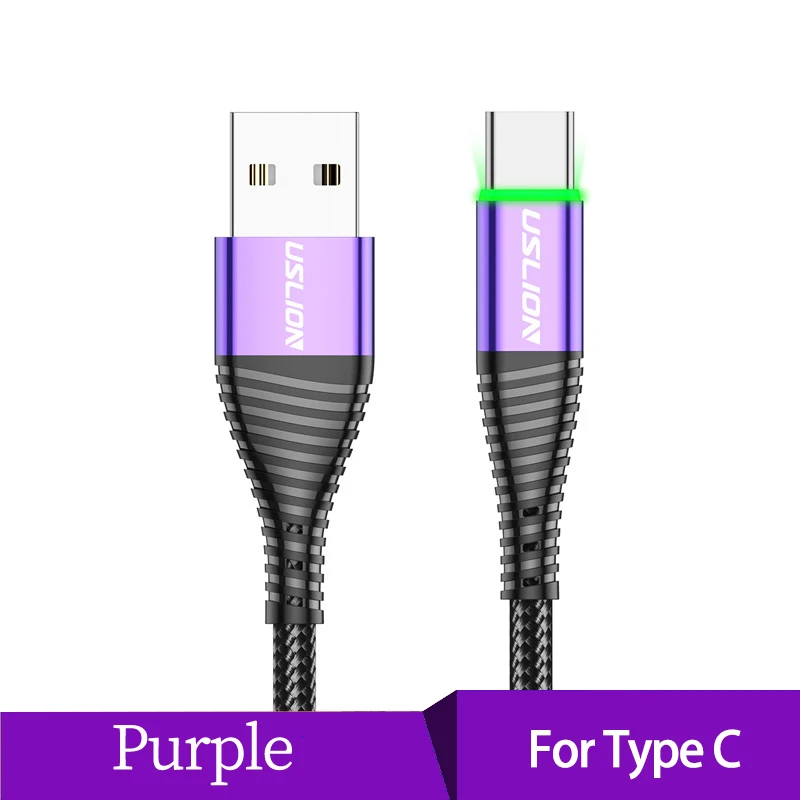 USLION 3A светодиодный кабель usb type C для быстрой зарядки type-C для samsung Galaxy Xiaomi huawei Phone USB C USB-C кабель для зарядного устройства - Цвет: Purple