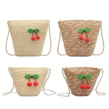 

Cherry Straw Woven Bag Women Kids Shoulder Crossbody Bucket Bags Wallet