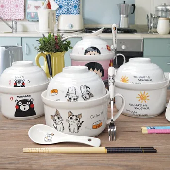 

Ceramic Instant Noodle Bowl Japanese-style Large Cute Porcelain Bowl Cartoon Covered Tableware Student Dormitory with Single