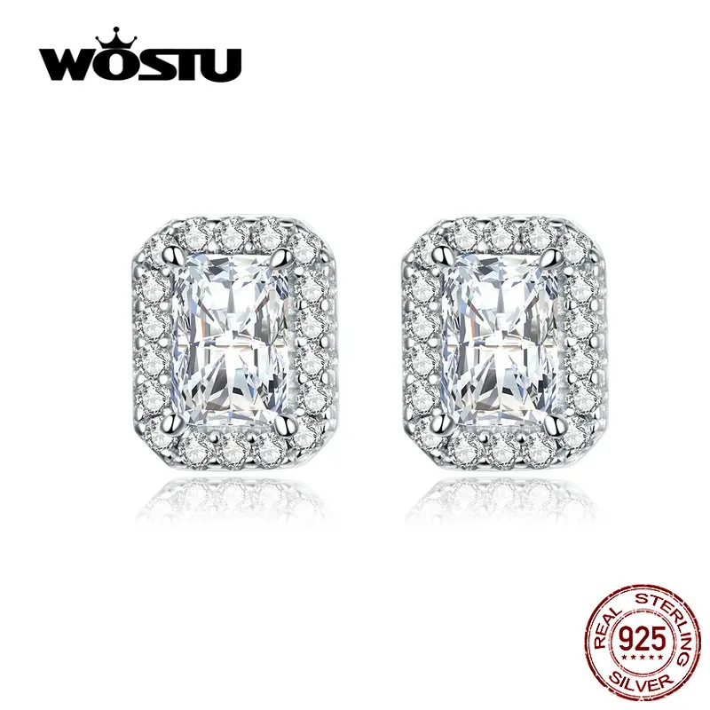WOSTU сверкающие серьги-гвоздики квадратной формы, 925 пробы, серебряные циркониевые свадебные серьги для женщин, модное ювелирное изделие CTE195