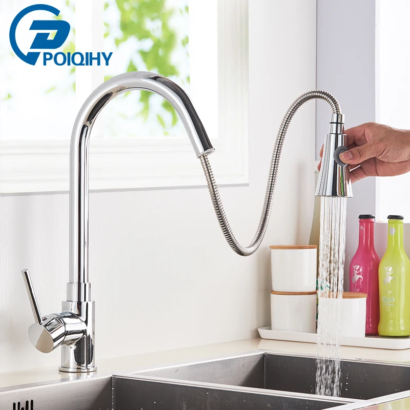 

Chrome Pull Out Kitchen Faucet Dual Outlet Water Functions Kitchen Sink Faucets Crane 360 Rotation Cold Hot Water Mixer Tap