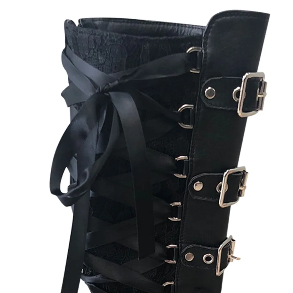 Najtaniej Halloween kobiety Cosplay wysokie buty zimowe długa rurka skórzane but rycerza Punk Gothic klasyczne czarne buty na wysokim obcasie kolana wysokie