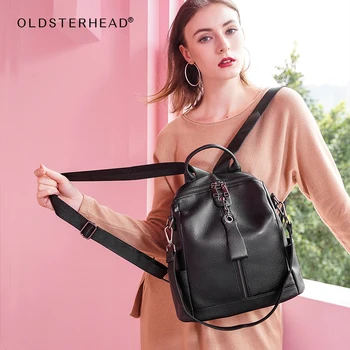

LAORENTOU Women's Black Satchel 100% Genuine Leather Backpack Soft Quality Lady Anti-theft Travel Rucksack Female Shoulder Bag