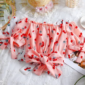 

Casual Sweet Cherry Prints Bowknot Short Design Women Slash Neck Top Chic Summer Short Top