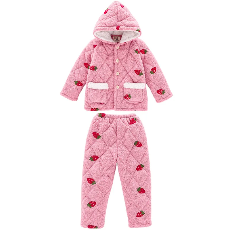 

Baby Pajamas Children'S Winter Pajamas Set For Girls Baby Fleece Warm Home Clothes Pink Strawberry Kids Pyjamas 3-15 Years