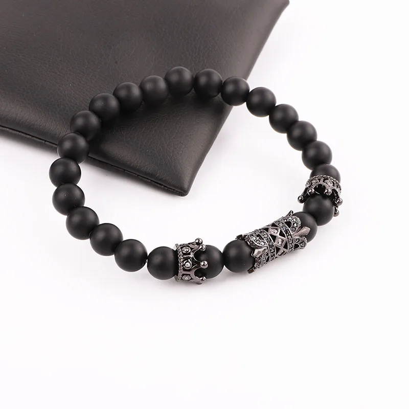 High Quality Natural Matte Onyx Stone Beads Cubic Zircon Crown Charm Elastic Beads Bracelet Set Jewelry Men - Image 3