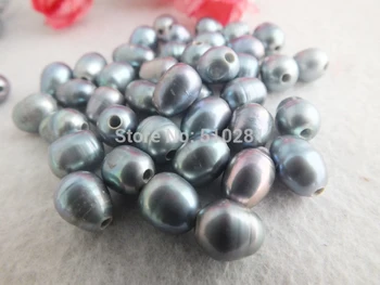 

free shipping!!! High quality 9-10mm Black Freshwater Oval Rice Pearls With 2mm Hole LK-3214