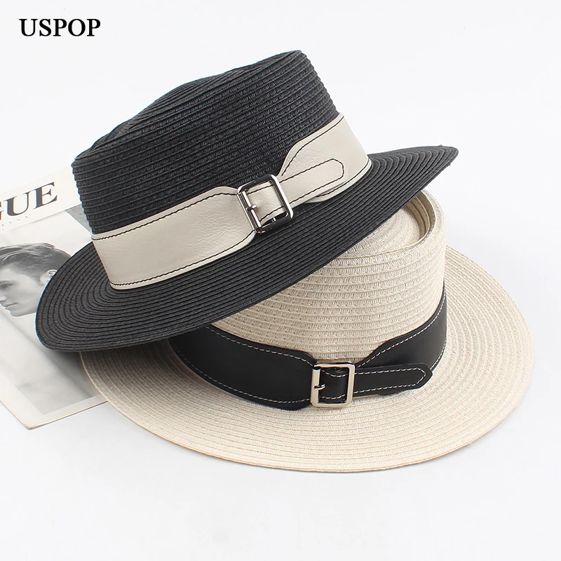 

USPOP 2020 Women straw sun hats fashion summer flat hats British buckle straw hat beach hats