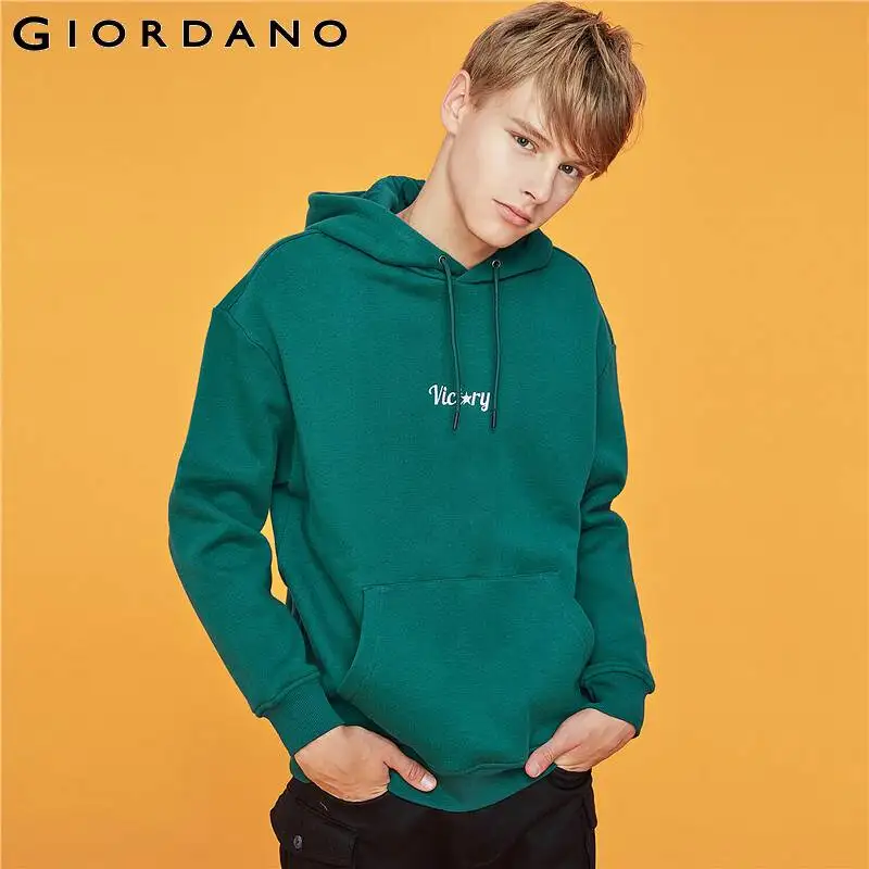 Giordano мужские свитшоты с буквенным принтом, графический накладной карман с капюшоном, внутренняя флисовая Толстовка Sudaderas Para Hombre 94099784
