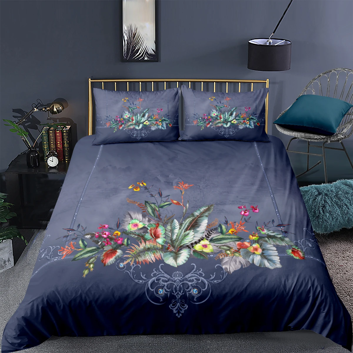 

Bedclothes 3D Plant and Flower Duvet Cover Sets Navy blue Comforter Cases Pillow Slips King Queen Super King Twin Size 140*210cm