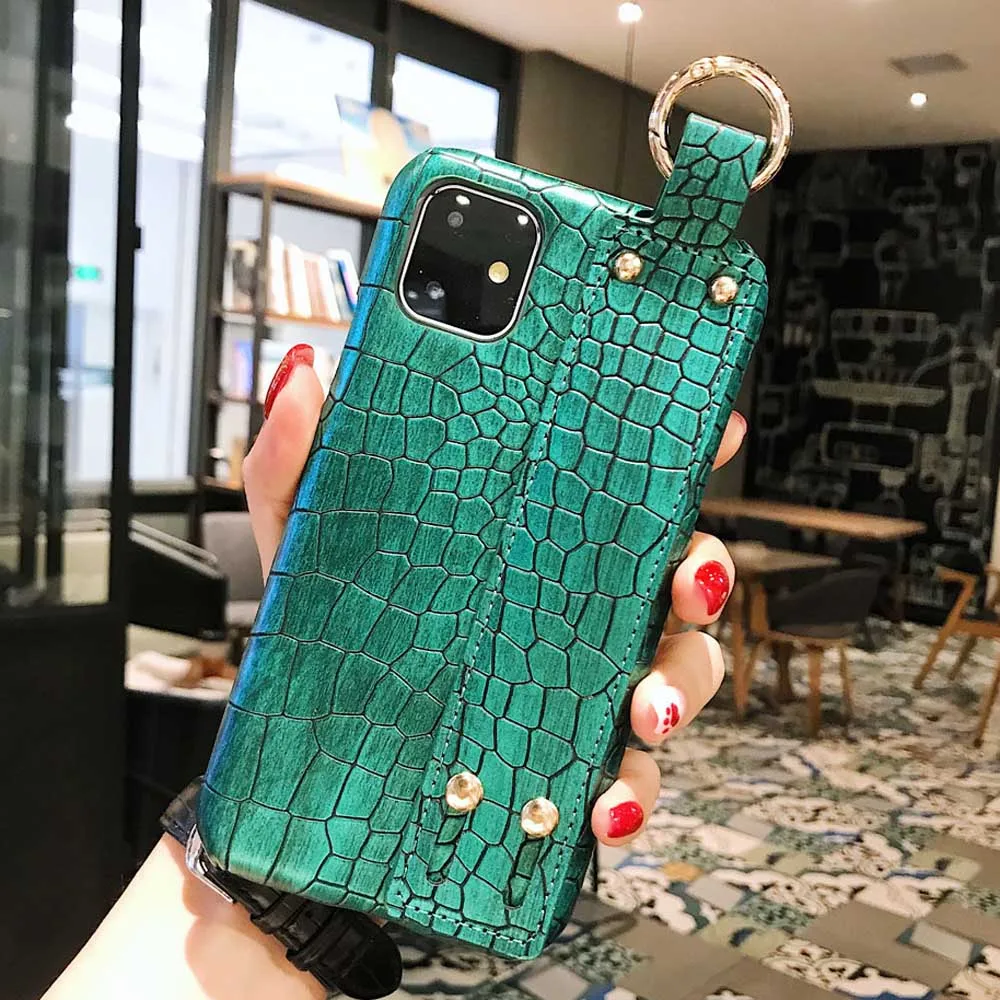 Green Модная Змея, крокодил из искусственной кожи чехол для iPhone 11 Pro Xs Max чехол для iPhone 6 6s 7 8 Plus Xr X чехол с ремешком на запястье - Цвет: Green