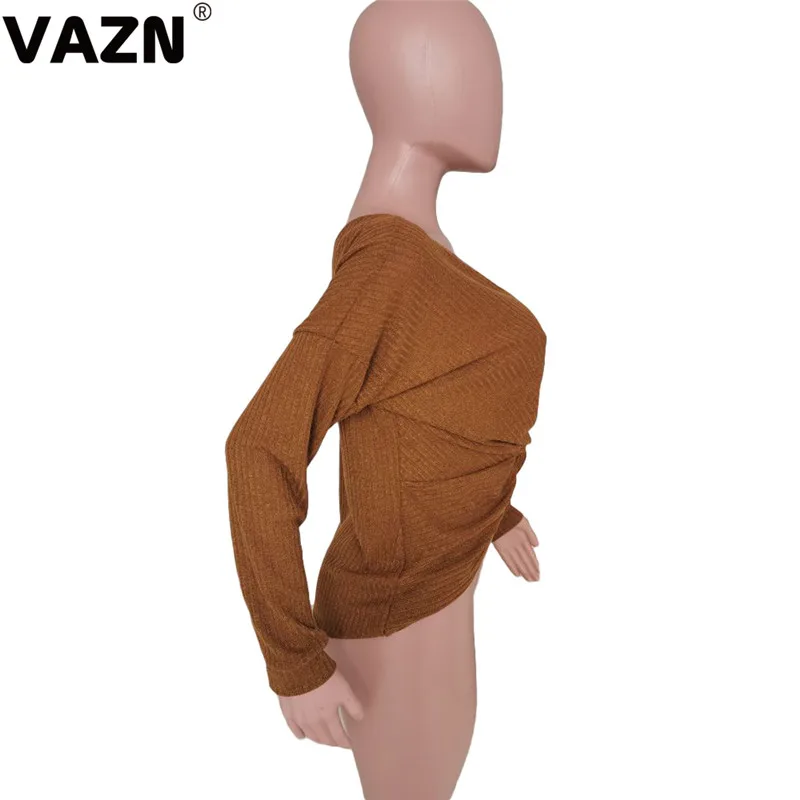 VAZN Новое поступление, асимметричные вязаные футболки, милые сексуальные Необычные Модные однотонные свободные женские футболки с глубоким v-образным вырезом и длинным рукавом