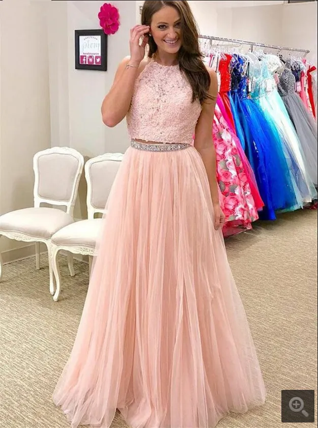 Robe de soiree Розовые Кружевные Аппликации из двух частей Выпускные платья вышитое блестящим бисером без рукавов линии дешевые платья на выпускной