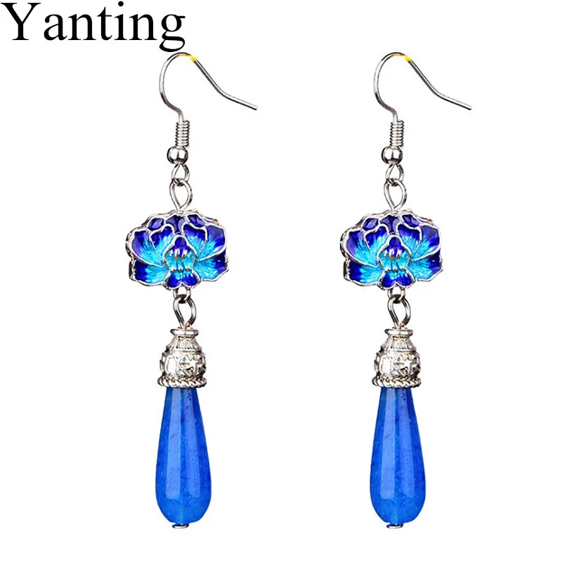 Yanting Blue Cloisonne Цветок женские украшения, серьги-капельки Этнические Ручной Работы Эффектные серьги синий халцедон 050