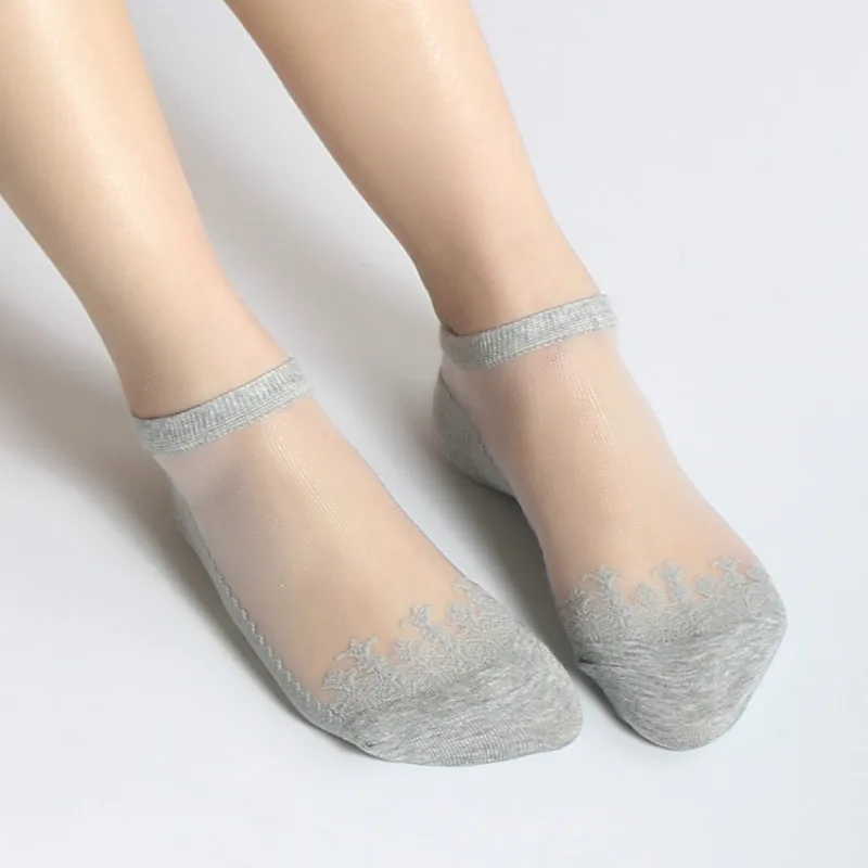 M MISM женские сексуальные бархатные носки до щиколотки модные кружевные цветочные Calcetines ltrathin летние женские шелковые прозрачные сказочные носки - Цвет: Grey Short