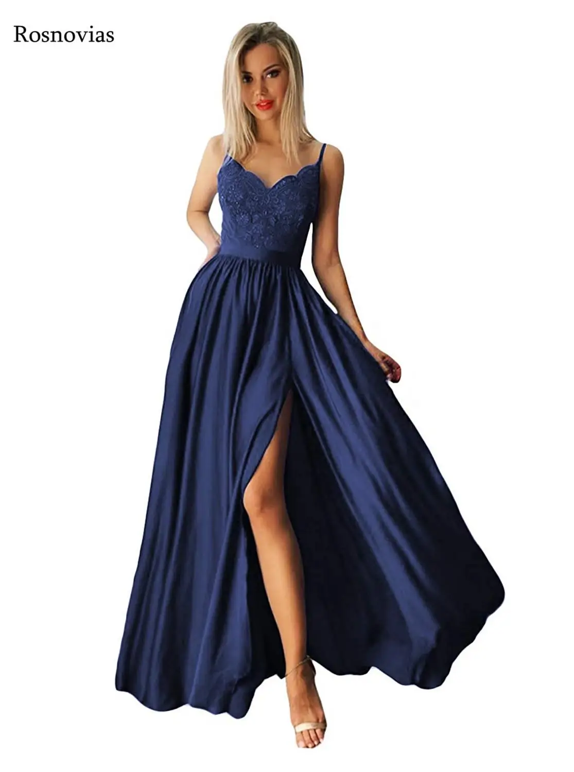 Королевское синее боковое платье с разрезом для выпускного вечера Спагетти ремень Кружева Топ бисером Длинные линии Вечерние платья Формальные платья Vestido