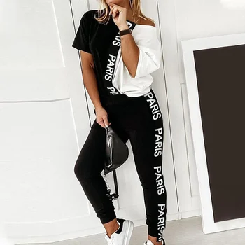

Women Letter Print Off Shoulder 2 Piece Set Summer Black White Colorblock Short Sleeve Top AND Casual Long Pant Female Tracksuit