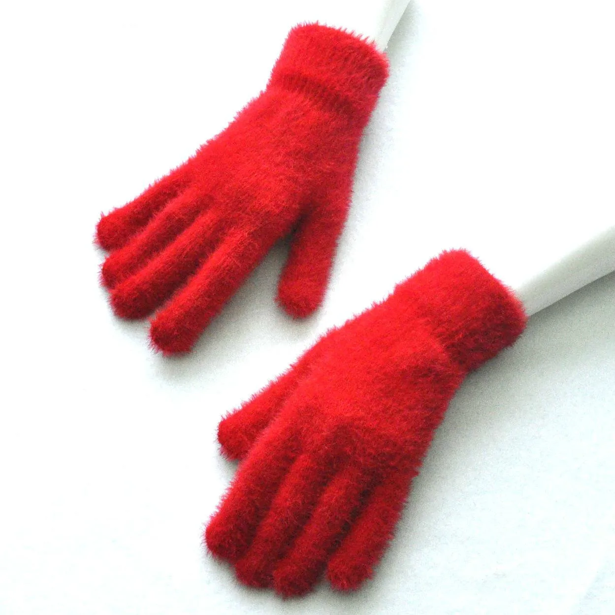 Imitate Mink Wool Knitting Glove Male Ma'am Winter Cycling Keep Warm Thickening Increase Down Gloves Quality Fingers Gaunlets - Цвет: Bright red