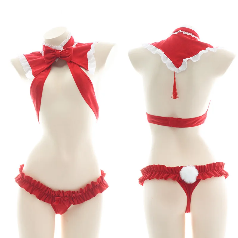 Women Open-chested Christmas Suit Red Sexy Lingerie Rabbit Tail and Bow Tie Ruffled Erotic Uniform S-XL |