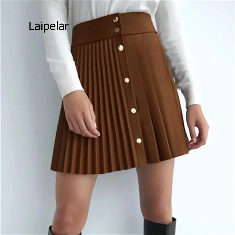 New 2021 Women Chic Fashion Faux Leather Pleated Mini Skirt Femme Vintage Patchwork Metal Snap Button Skirts Mujer занзеа чешский pleated длинное платье женщин летний случайный короткий рукав o шея baggy длинное платье femme polyester vestidos