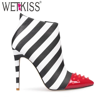 

WETKISS Ankle Boots Woman Zebra Print Stiletto Shoes Thin High Heels Booties Rivets Pointed Toe Women Shoes Party Fashion 2020