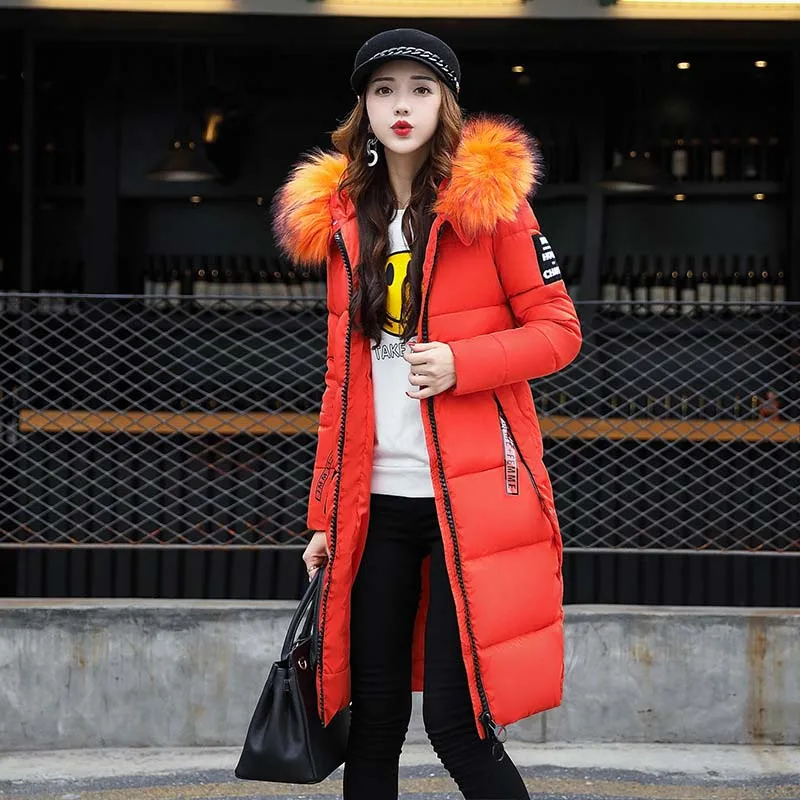 Зимняя куртка женская длинная парка с меховым воротником повседневное приталенное Женское зимнее пальто модная женская куртка с хлопковой подкладкой теплое длинное пальто - Цвет: Orange