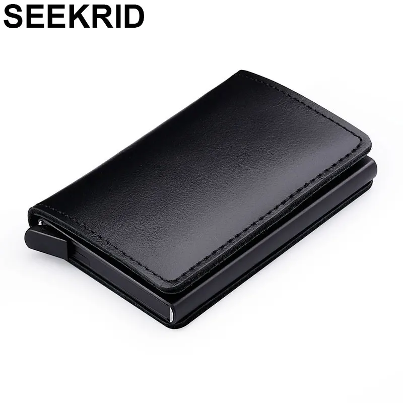 

RFID Blocking 100% Genuine Leather Credit Card Holder Aluminum Metal Business ID Cardholder Slim Card Case Mini Wallet for Men