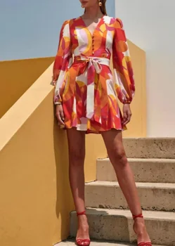 

Red Dress Fashion V-Neck Elegnat Long Lantern Sleeve Women Evening Party Dress Mini Sexy Dress