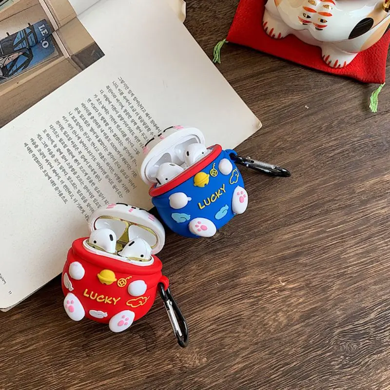 Силиконовый защитный чехол Lucky Cat с карабином для Airpods 1/2