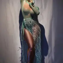 Боди с длинными рукавами, зеленый сетчатый, с перьями, с длинным хвостом, наряд для бара, клуба, вечерние, шоу, танцевальный костюм, сексуальный DJ певец, сценический комплект DS