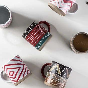 

Freehand sketching Vintage Coarse Pottery Coffee Cup Creative Hand Painted Coffee Mug with Saucer Breakfast Milk Cup Ceramic