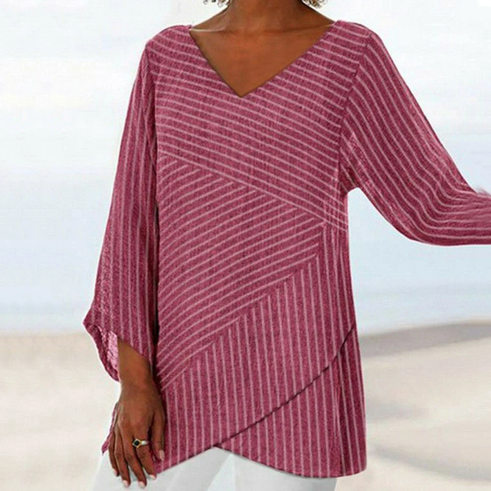 Рубашки с длинным рукавом женские осенние повседневные свободные топы в полоску с v-образным вырезом ассиметричная блузка однотонная Туника Топы Рубашки Mujer