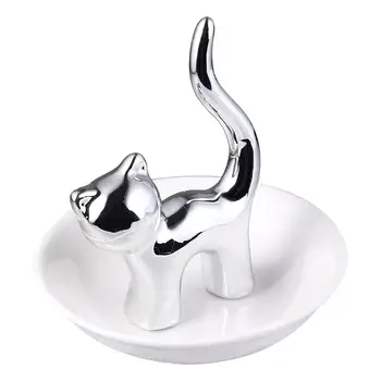 

Ceramic Jewelry Display Plate Silver Cat Trinket Tray Rings Storage Holder Jewelry Serving Tray Storage Plate Table Decoration