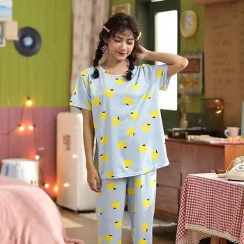 

Pajama Sets Women Cute Sleepwear Loose Sweet Pajamas Female Pyjamas Printed Women's Home Clothes Round Neck Homewear Plus Size
