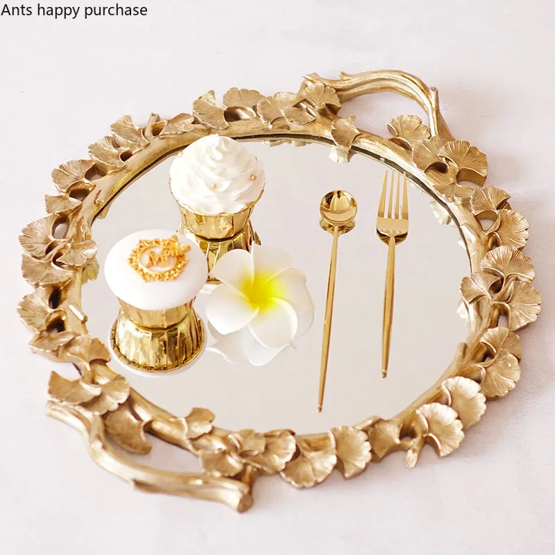 

Ginkgo Biloba Glass Mirror Tray Jewelry Cosmetic Storage Tray Exhibition Hall Display Stand Dessert Plate Photography Props