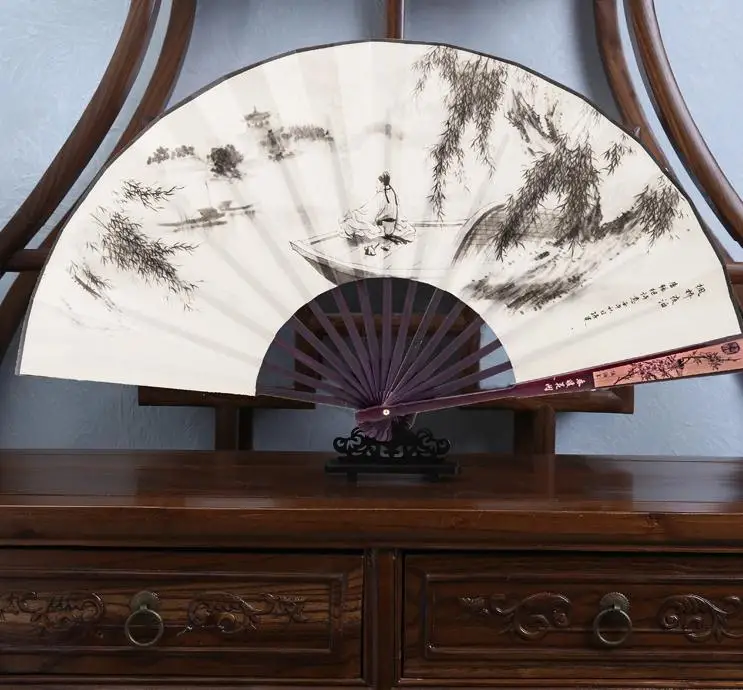 Carve Large Mens Bamboo Silk Hand Fans Wedding favors Chinese Folding Fan Decoration Costume Hanfu Dance Accessories