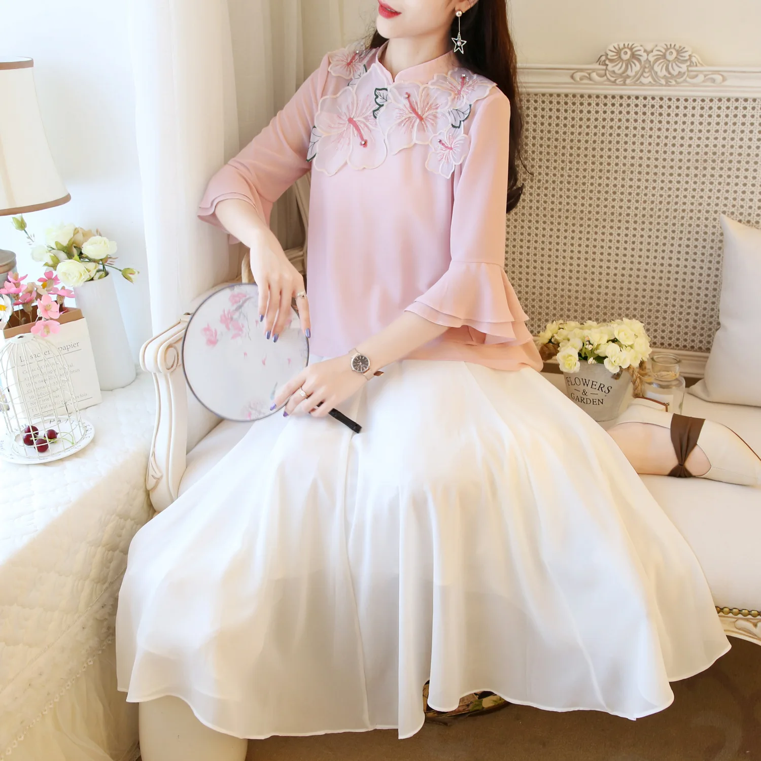 

Two-Piece Set Tea Service Chinese-style Improved Chinese Clothing Retro Summer Chiffon Cheongsam Chiffon Immortal Dress