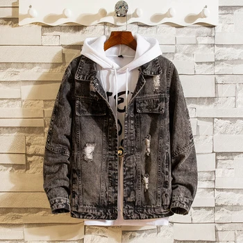 

2020 Denim Jacket Men Hole Retro Motorcyle Basic Coat Streetwear Hip Hop Bomber Jacket Cowboy Men's Jean Jacket