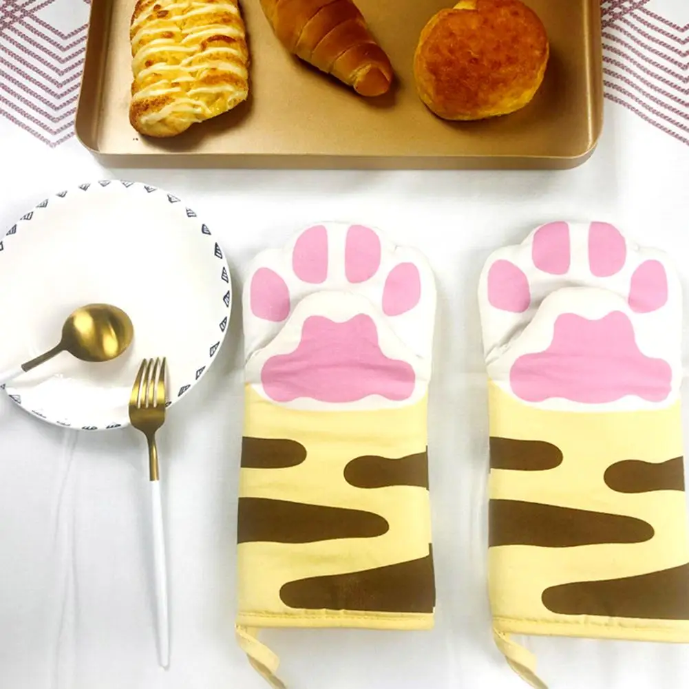 3D Cartoon Cat Paws Oven Mitts Long Cotton Baking Insulation Gloves Microwave Heat Resistant Non-slip Kitchen Gloves Tool 1pcs
