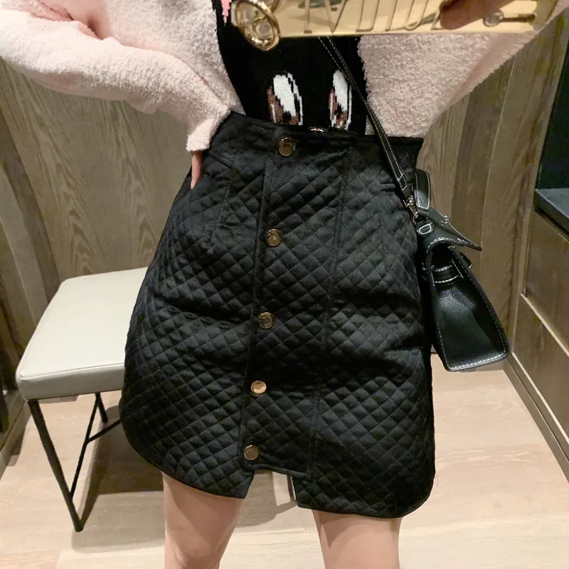 Black Skirt Корейская элегантная клетчатая Офисная Женская однобортная бархатная юбка с высокой талией винтажная женская зимняя черная бежевая юбка - Цвет: Black Skirt