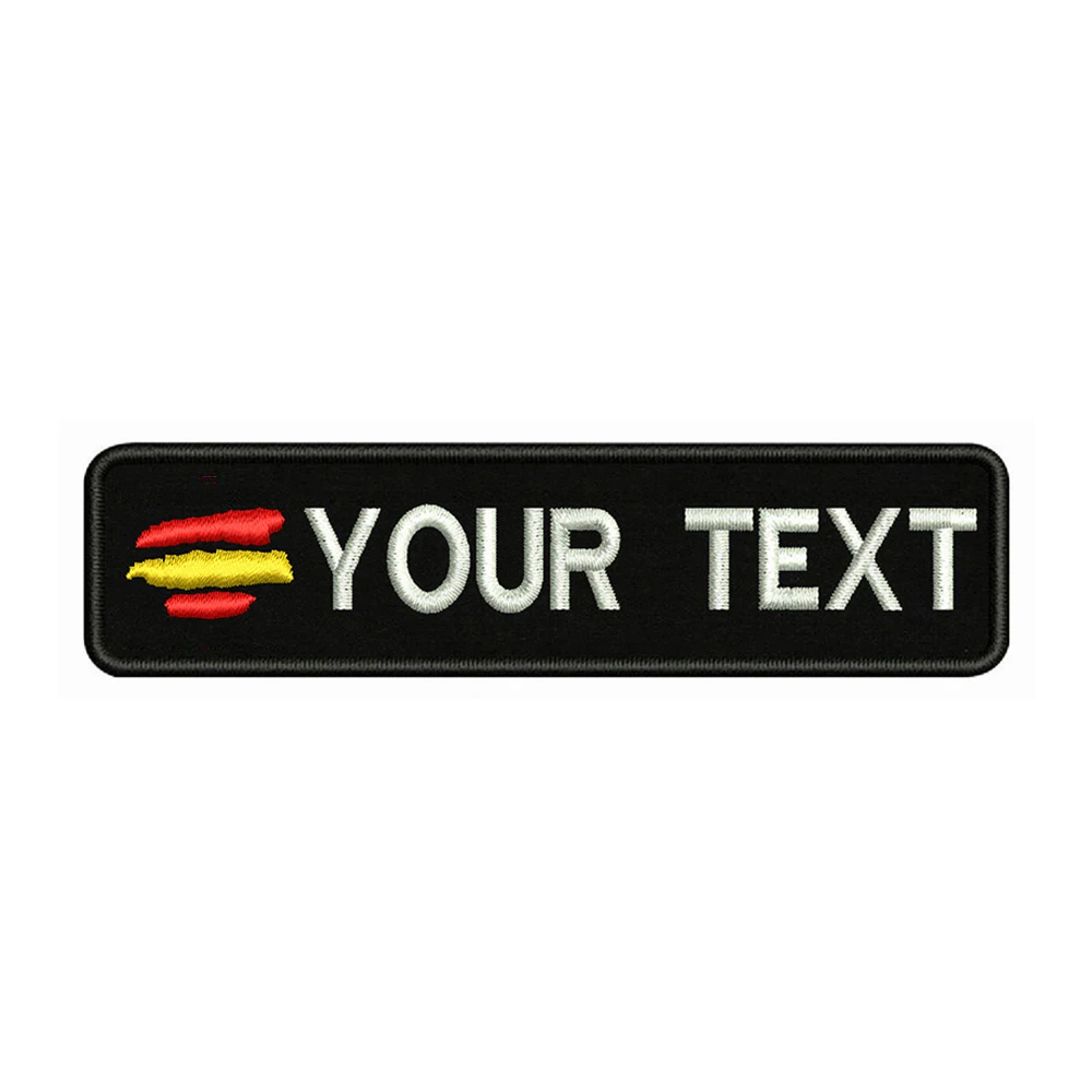 Bandeira espanhola Espanha 10x2.5cm Bordado Nome Custom Text Stripes Patch emblema Iron On Ou o Apoio de Velcro Patches Para Roupas